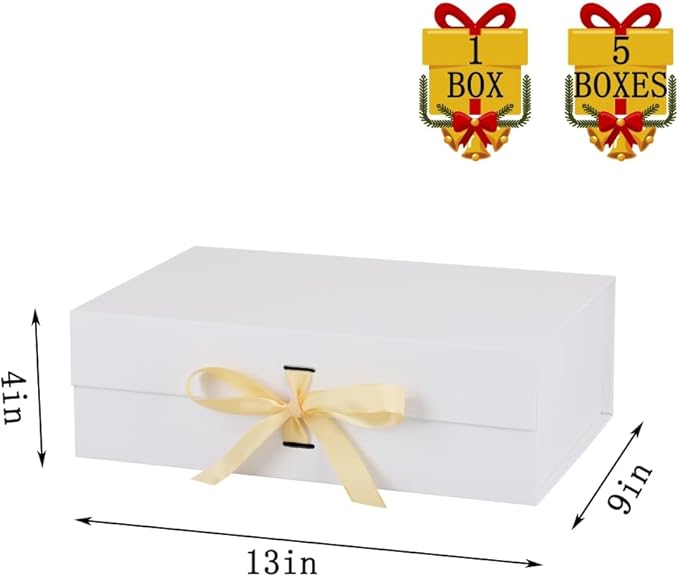 Large Gift Boxes with Lids 5 Pack 13X9X4 Inch Large White Gift Box with Ribbon Foldable Gift Boxes for Presents、Anniversary Gifts、Bridesmaid Proposal Box、Shredded Paper Filler & Cards