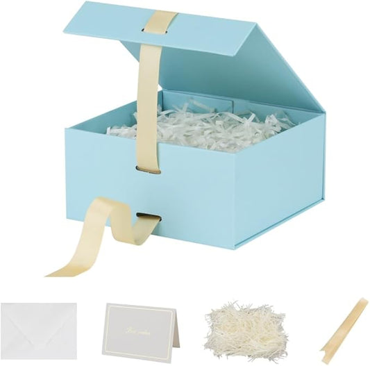 Small Gift Boxes with Lids 5 Pack 6X6X3 Inch Blue Gift Box with Ribbon Christmas Gift Box Foldable Gift Boxes for Presents、Graduation、Birthdays，Shredded Paper Filler & Cards