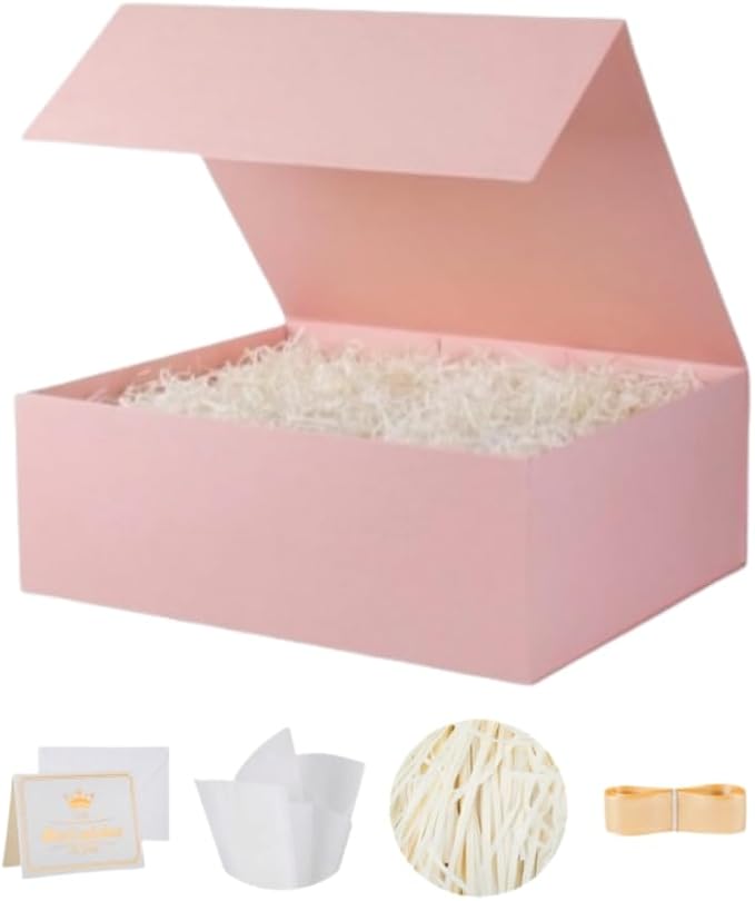 UoeRing 1 Pcs Pink Gift Box 9.5x6x3 inch Small Luxury Gift Box for Presents with Magnetic Lid Collapsible,Birthday,Christmas,Contains Card, Ribbon, Tissue Paper,Shredded Paper Fille