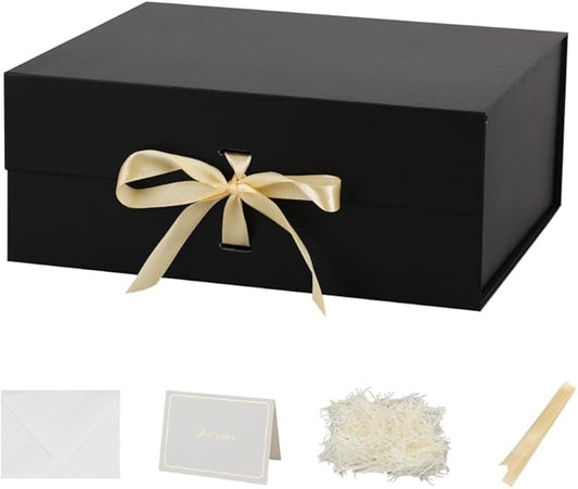 Large Black Gift Boxes with Lids - 5 Pack, 13x11x5.3 Inch, Foldable, with Ribbon, for Presents, Easter, Groomsman Proposal Box, Shredded Paper, Cards