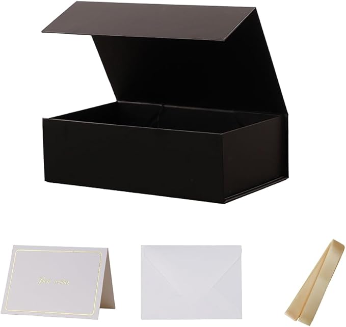 UoeRing 1 Pcs Black Gift Box,9.5x6x3 Magnetic Gift Box for Presents with Lids Rectangle Collapsible for Bridesmaid Proposal Box,Wedding,Christmas,Birthday Gift Packging with Ribbon Card Envelope