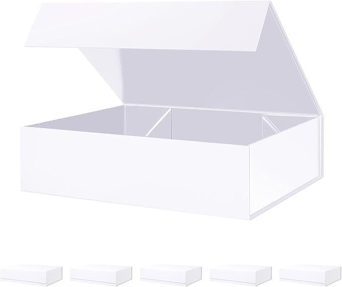 BLK&WH 6 Large Gift Boxes 13.5x10x3.5 Inches, White Gift Boxes with Magnetic Closure Lids, Sturdy Shirt Boxes, Rectangle Collapsible Boxes for Gift Packaging (Matte White)