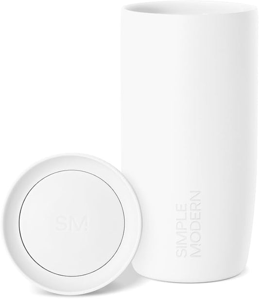 Simple Modern Travel Coffee Mug Tumbler with 360° Lid | Ceramic-Lined Insulated Stainless Steel Cold Brew Iced Coffee Cup | Gift for Women Men Her Him | Voyager Signature | 16oz | Winter White