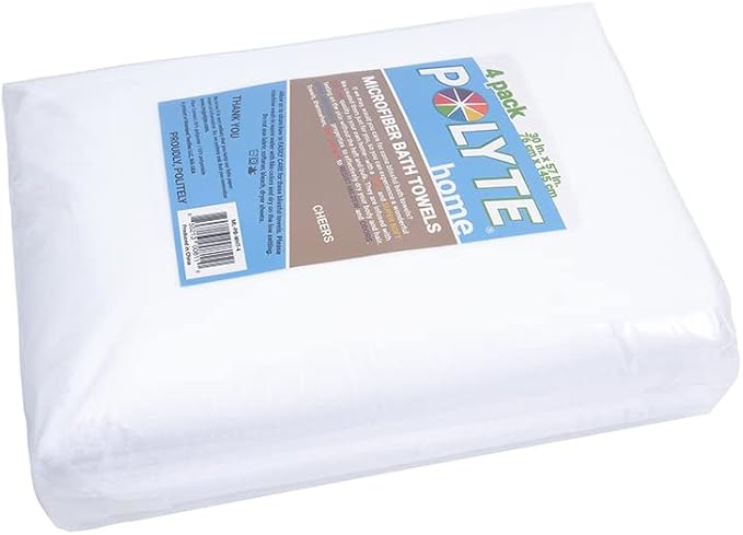 POLYTE Microfiber Quick Dry Lint Free Bath Towel, 57 x 30 in, Pack of 4 (White)