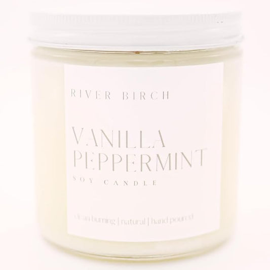 River Birch Candles Vanilla Peppermint Scented Candle | Premium, All-Natural, Non-Toxic, Soy Candles | 16oz 90 Hr Burn Time | Cozy Relaxing Gifts for Home