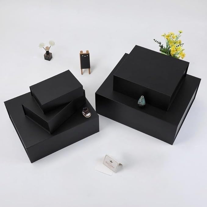 UoeRing 1 Pcs Black Gift Box 9.5x6x3 inch Small Luxury Gift Box for Presents with Magnetic Lid Collapsible,Birthday,Christmas,Contains Card, Ribbon, Tissue Paper,Shredded Paper Fille