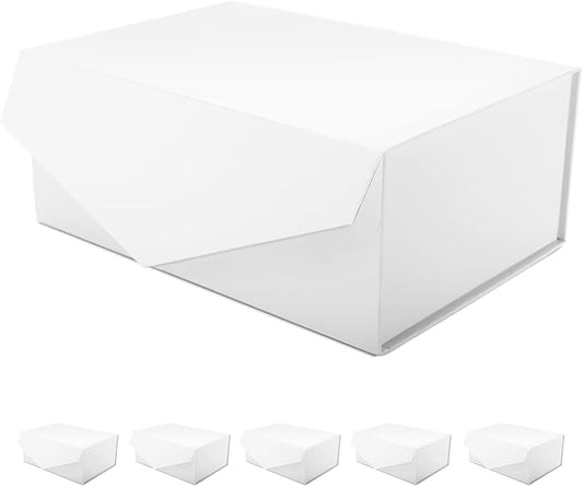 6 White Gift Boxes with Lids for Presents, Magnetic Closure Rectangle Collapsible Gift Boxes, Bridesmaids Proposal Boxes, Wedding, Birthday Gift Packaging (9x6.5x3.8 Inches)