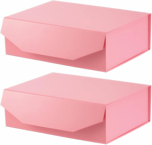 2 Pink Large Gift Boxes with Lid 13x9x4 Inches, Bridesmaid Proposal Boxes, Hard Collapsible Gift Box with Magnetic Closure, Groomsman Box Reusable Gift Box for Cloth (Glossy Pink)