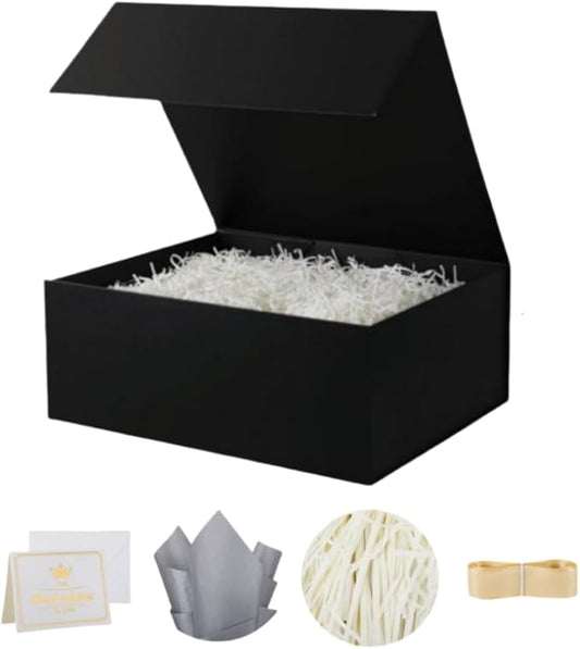 UoeRing 1 Pcs Black Gift Box 9.5x6x3 inch Small Luxury Gift Box for Presents with Magnetic Lid Collapsible,Birthday,Christmas,Contains Card, Ribbon, Tissue Paper,Shredded Paper Fille