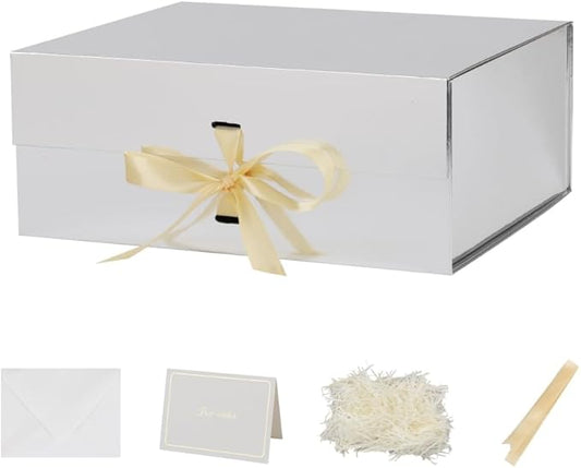 BoxSkivra Large Silver Gift Box with Ribbon 1 Pack 13X11X5.3 Inch Large Gift Box with Lid Magnetic Closure Rectangle Collapsible Luxury Gift Boxes for Wedding Gifts Crinkle Cut Paper Shred with Card