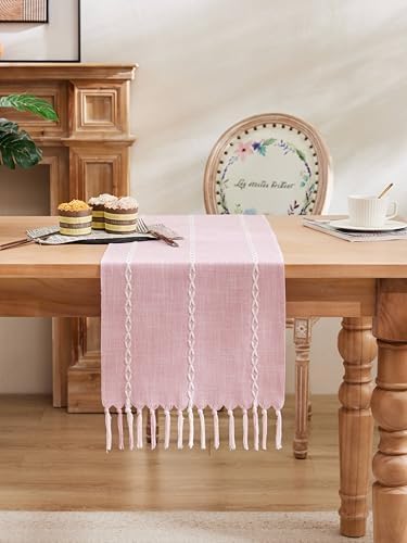 Braided Farmhouse Table Runner,Braided Pink 13x36 Inch, Cotton Linen Table Runners 36 Inches Long, Embroidered Striped Pink Boho Table Runner Rustic Home Decor