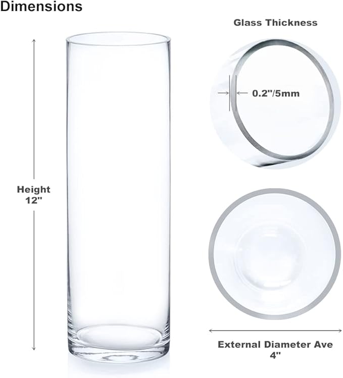 Enova Floral Clear Glass Flower Vase, 4W x 12H Inches Cylinder Vase, Pillar Candle Floating Candle Holders, Tall Cylinder Glass Vase for Flowers, Round Glass Vase for Home Decor, Wedding (Pack 4)