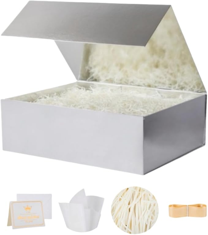 UoeRing 1 Pcs Silver Gift Box Large 13.5x11.8x4.7 inch Luxury Gift Box for Presents with Magnetic Closure Lid Collapsible,Birthday,Contains Card, Ribbon, Tissue Paper,Shredded Paper Filler