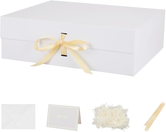 BoxSkivra White Extra Large Gift Box with Lid 1 Pack 19x16x6 Inch Large Gift Boxes with Crinkle Paper & Card Magnetic Gift Box with Ribbon for Wedding Dress