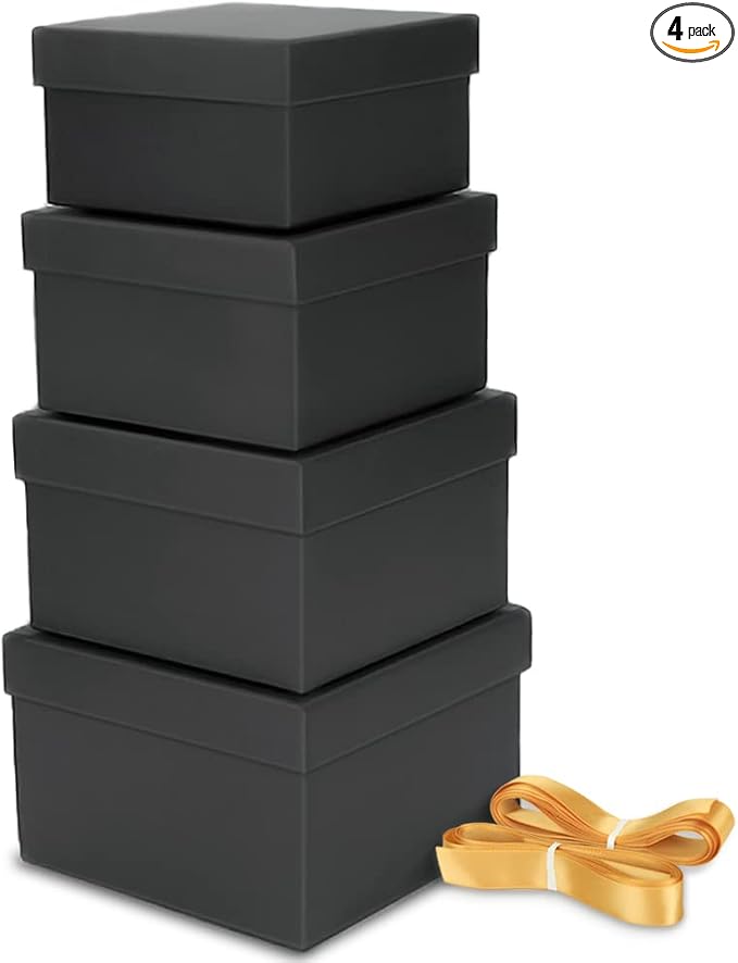 Bengnkes Black Gift Box Small Gift Boxes with Lids for Presents 4 Packs Square Luxury Nesting Gift Boxes with 17ft Ribbon for Birthday Bridesmaid Wedding Christmas Proposal