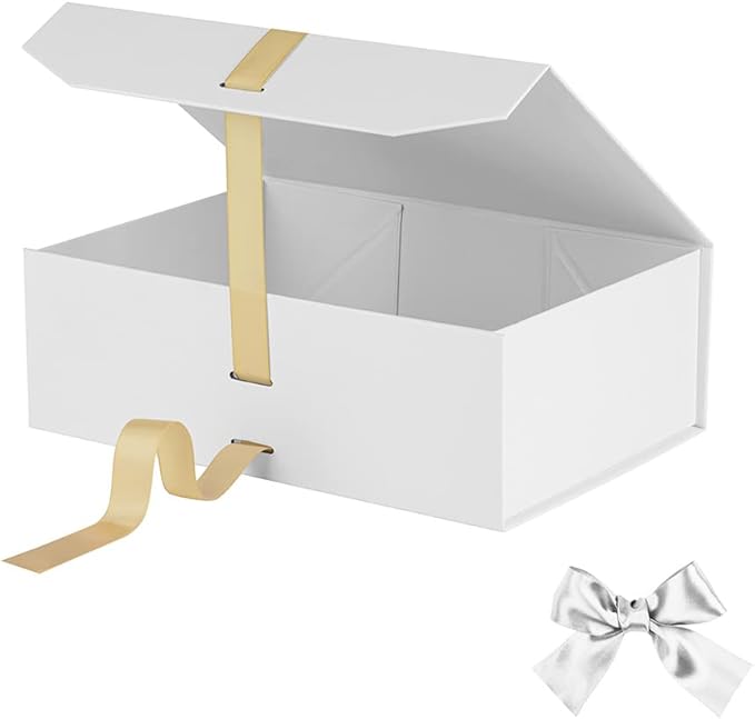 White Gift Box 10x7.3x3.5 Inches, Decorative Box with Ribbon, Empty Gift Box with Lid Magnetic Closure, Groomsman Box, Rectangle Collapsible Gift Boxes for Shirt (Matte White)