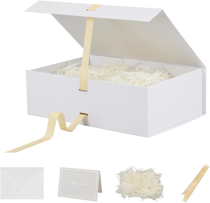 Skivra Large White Gift Box with Ribbon - 1 Pack, 13x9x4 Inch Rectangle Collapsible Luxury Box with Lid and Magnetic Closure for Weddings, Shredded Paper Filler & Card