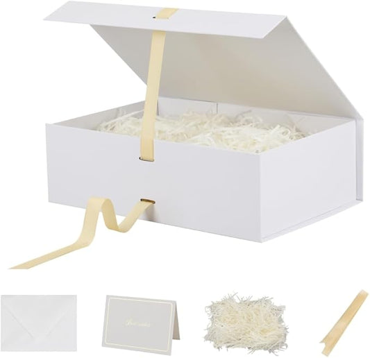 Skivra Large White Gift Box with Ribbon - 1 Pack, 13x9x4 Inch Rectangle Collapsible Luxury Box with Lid and Magnetic Closure for Weddings, Shredded Paper Filler & Card