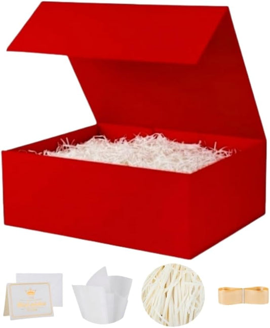 UoeRing 1 Pcs Red Gift Box 9.5x6x3 inch Small Luxury Gift Box for Presents with Magnetic Lid Collapsible,Valentine's Day,Christmas,Contains Card, Ribbon, Tissue Paper,Shredded Paper Fille