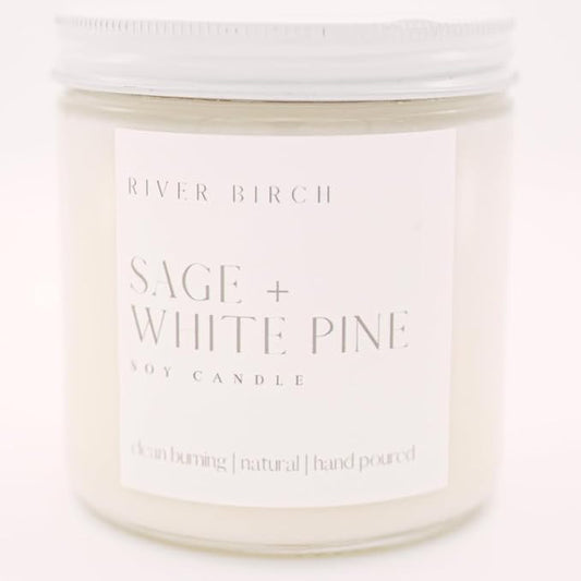 River Birch Candles Sage + White Pine Scented Candle | Premium, All-Natural, Non-Toxic, Soy Candles | 16oz 90 Hr Burn Time | Cozy Relaxing Gifts for Home