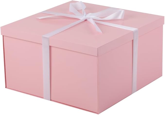 UoeRing 1Pcs Pink Extra Large gift box with lids 13×13×7 Inches gift boxes for presents,Birthday Box (include Ribbon, Paper Shred Filler Gift Card & Envelopes)