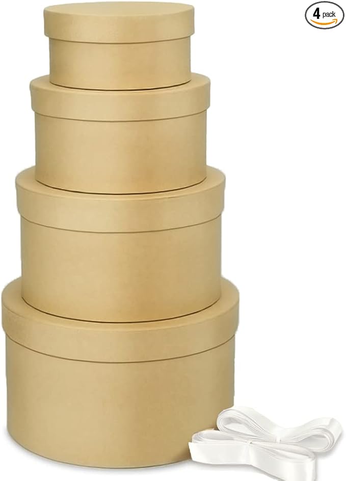 Bengnkes Round Gift Box Kraft Gift Boxes with Lids for Presents 4 Packs Luxury Nesting Gift Boxes Small with 17ft Ribbon for Bridesmaid Valentines Mother's day Graduation