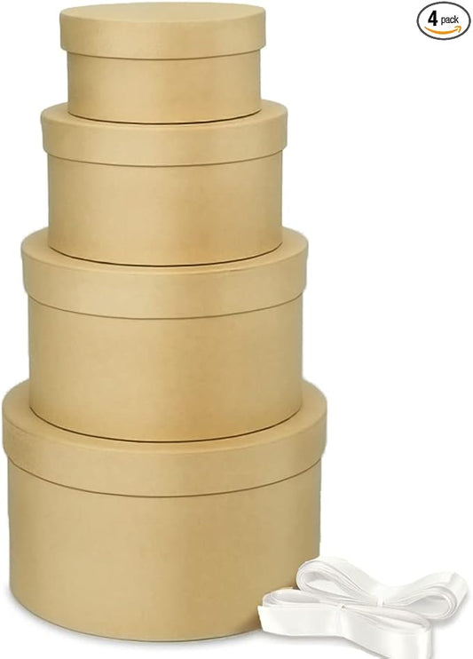 Bengnkes Round Gift Box Kraft Gift Boxes with Lids for Presents 4 Packs Luxury Nesting Gift Boxes Small with 17ft Ribbon for Bridesmaid Valentines Mother's day Graduation