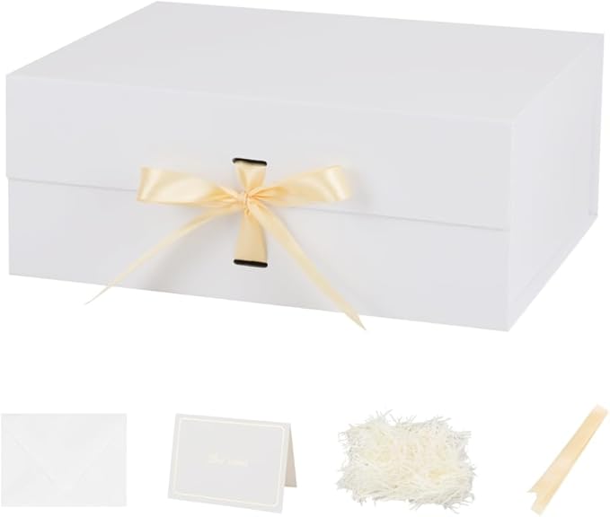 BoxSkivra White Large Gift Box with Ribbon 1 Pack 13X11X5.3 Inch Large Box with Lid Magnetic Closure Rectangle Collapsible Luxury Wrap Box for Weeding Gifts Crinkle Cut Paper Shred with Card