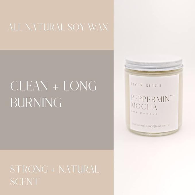 River Birch Candles Peppermint Mocha Scented Candle | Premium, All-Natural, Non-Toxic, Soy Candles | 8.5oz 40 Hr Burn Time | Cozy Relaxing Gifts for Home