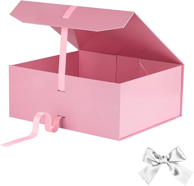 Pink Large Gift Box 13x11x5.3 Inches With Ribbon, Lid Magnetic Closure, Christmas, Rectangle Collapsible for Men Shoes