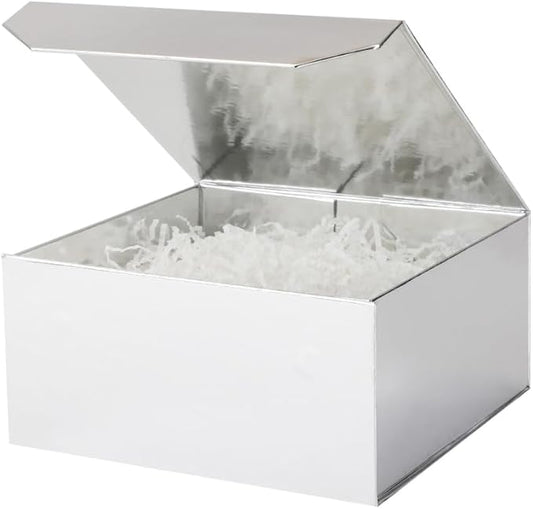 1 Pcs 6x6x3 Inch Silver Magnetic Gift Box with Crinkle Paper Silver Small Gift Box with Shredded Paper Luxury Gift Boxes with Lids for Presents