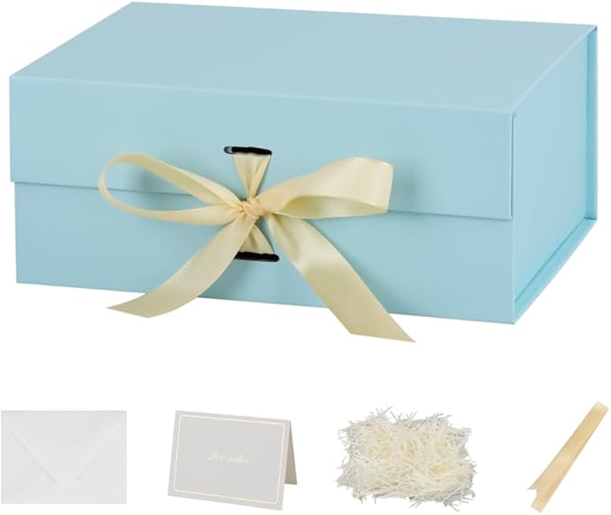 Skivra Blue Gift Box with Ribbon - 1 Pack, 9.5x7x4 Inch Small Collapsible Luxury Gift Box with Lid and Magnetic Closure, Rectangle, Crinkle Cut Paper Shred with Card