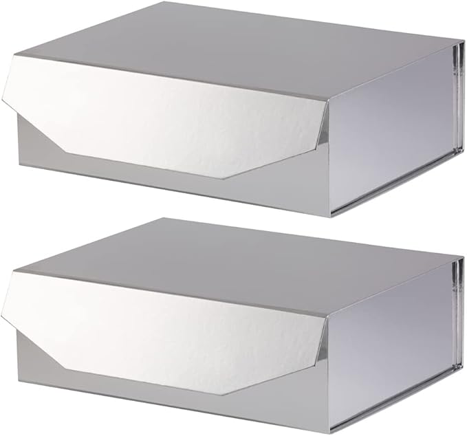 2 Silver Large Gift Box with Lid 13x9x4 Inches, Bridesmaid Proposal Box, Groomsman Box Reusable Gift Box for Clothes (Glossy Silver),1 Count (Pack of 2)