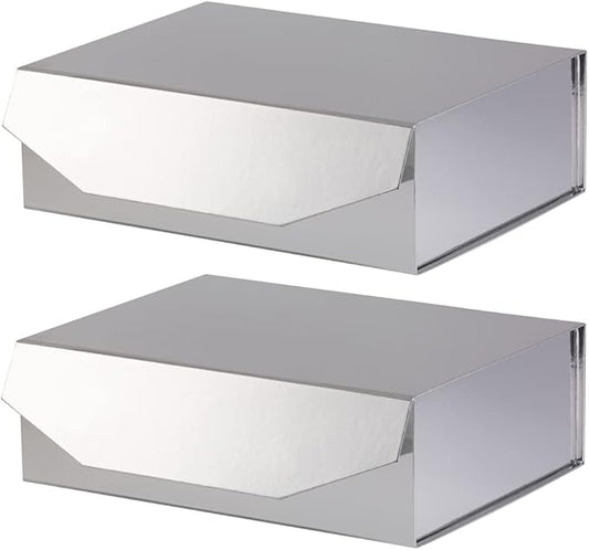 2 Silver Large Gift Box with Lid 13x9x4 Inches, Bridesmaid Proposal Box, Groomsman Box Reusable Gift Box for Clothes (Glossy Silver),1 Count (Pack of 2)