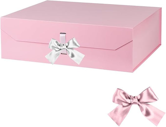 Extra Large Pink Gift Box with Ribbon 16x14x5.3 Inches Gift Boxes with Lid Magnetic Closure, Groomsman Proposal Box, Rectangle Collapsible Boxes for Large Gifts (Glossy Pink)