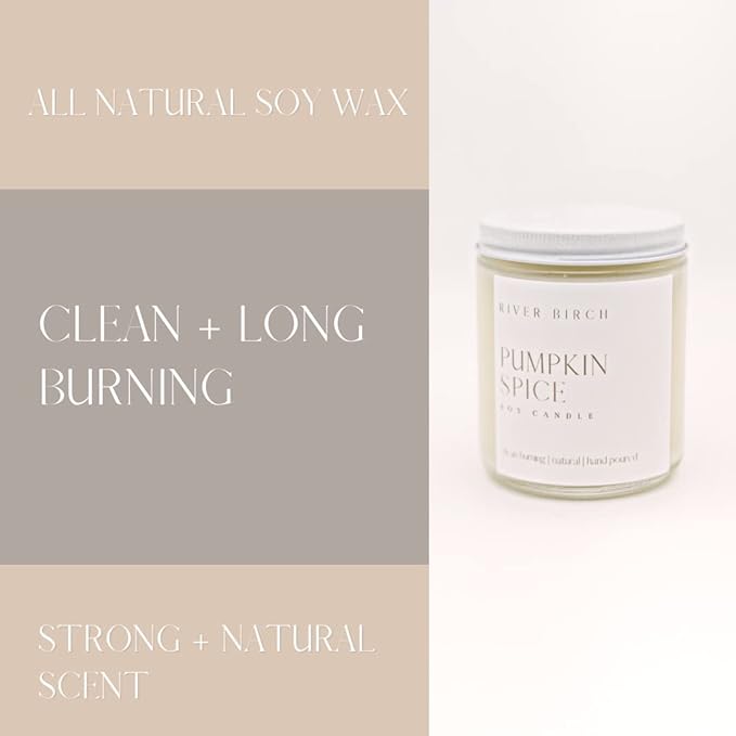 River Birch Candles Pumpkin Spice Scented Candle | Premium, All-Natural, Non-Toxic, Soy Candles | 8.5oz 40 Hr Burn Time | Cozy Relaxing Gifts for Home