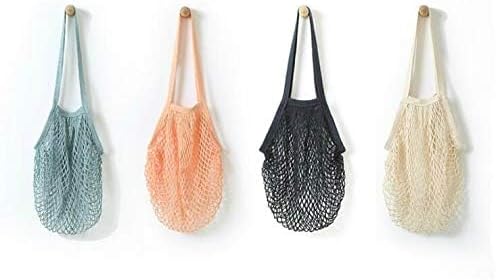 4 Pack Portable Reusable Grocery Bags Fruit and Vegetable Bag Washable Cotton Mesh String Organic Organizer Shopping Handbag Long Handle Net Tote (blue,Black,Beige,Orange)