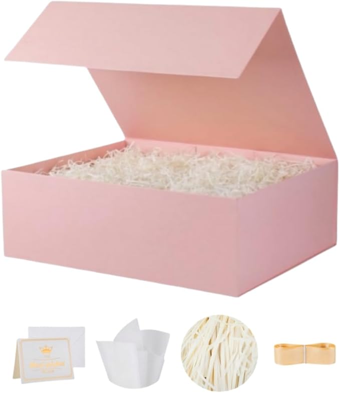 UoeRing 1 Pcs Pink Gift Box Large 13.5x11.8x4.7 inch Luxury Gift Box for Presents with Magnetic Closure Lid Collapsible,Birthday,Contains Card, Ribbon, Tissue Paper,Shredded Paper Filler