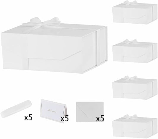 5PCS White Gift Box with Ribbon 9.5x7x4 Inches，Sturdy Gift Box with Lid for Gift Packaging, Foldable Magnetic Closure Storage Boxes, Bridesmaid proposal box, Rectangle Collapsible Box