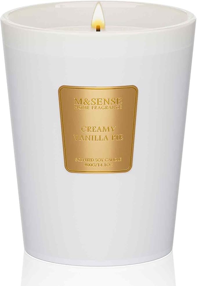 M&SENSE Creamy Vanilla Pie Scented Natural Soy Wax Candle, 14.1oz 60 Hours Long Lasting Slow Burning, Aromatherapy Candle for Stress Relief, Fall Winter Festival Gifts for Home Decor