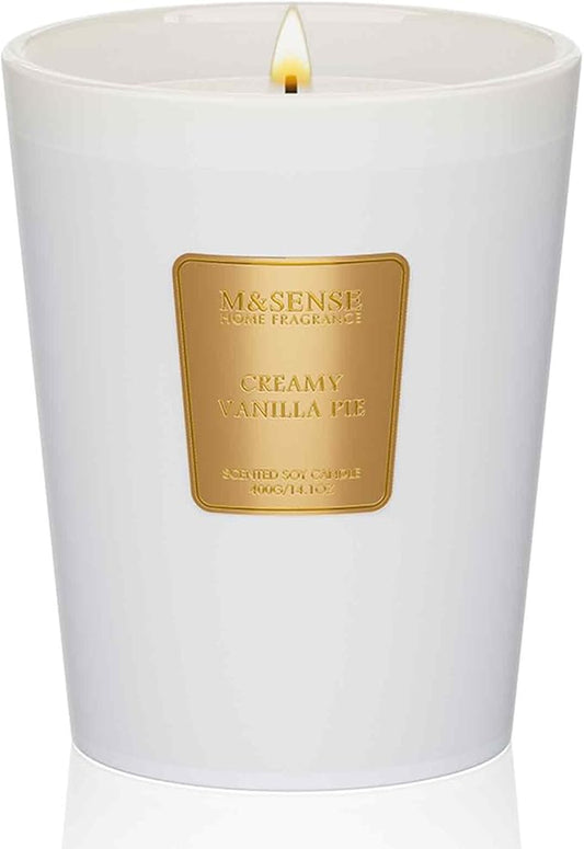 M&SENSE Creamy Vanilla Pie Scented Natural Soy Wax Candle, 14.1oz 60 Hours Long Lasting Slow Burning, Aromatherapy Candle for Stress Relief, Fall Winter Festival Gifts for Home Decor