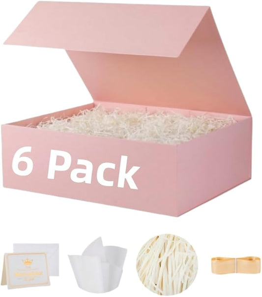 UoeRing 6 Pack Pink Gift Box 11.5x8x4 inch Luxury Gift Box for Presents with Magnetic Lid Collapsible,Bridesmaid Proposal,Contains Card, Ribbon, Tissue Paper,Shredded Paper Fille