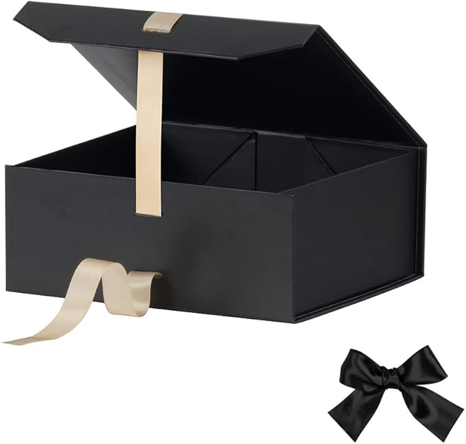 Black Gift Box 8x7x3.3 Inches, Luxury Gift Box with Ribbon, Empty Box with Lid, Collapsible Small Gift Boxes for Presents Packaging (Matte Black)