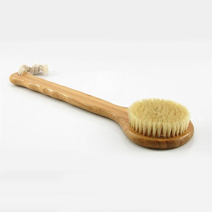 12.6" Long Handle Dry Bath Body Brush Back Scrubber, Bamboo Handle Bath Shower Brush Scrubber with Natural Boar Bristles, Good for Detox, Exfoliating, Cellulite, Blood Circulation, etc.