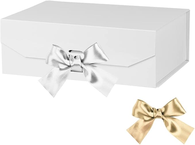 White Gift Box 10x7.3x3.5 Inches, Decorative Box with Ribbon, Empty Gift Box with Lid Magnetic Closure, Groomsman Box, Rectangle Collapsible Gift Boxes for Shirt (Matte White)