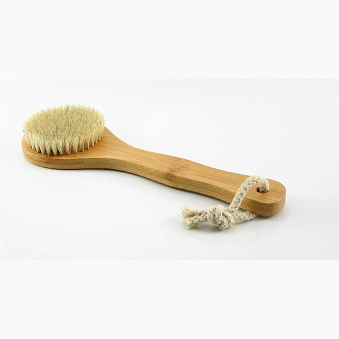 9.84" Short Handle Dry Body Brush Back Scrubber, Bamboo Handle and Natural Boar Bristles Bath & Shower Brush, Good for Blood Circulation, Exfoliating, Cellulite and Detox, etc.