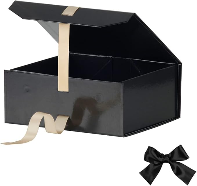 Black Gift Box 8x7x3.3 Inches, Luxury Gift Box with Ribbon, Empty Box with Lid Magnetic Closure, Groomsman Box, Collapsible Small Gift Boxes for Presents Packaging, Wedding (Glossy Black)