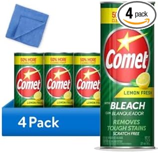 Comet Cleaner Lemon Fresh with Bleach Powder 21 oz, 4-Pack – Scratch-Free Multi-Surface Cleaner for Bathroom, Sink, Kitchen, Tile, Grout + Yahmi Microfiber Cloth – Tough Stain Remover