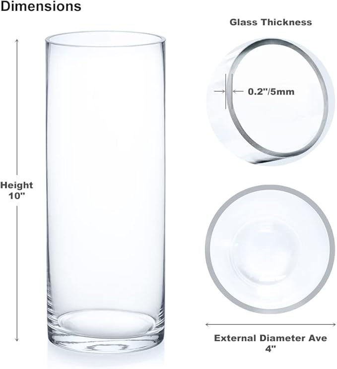 Enova Floral Clear Glass Flower Vase, 4W x 10H Inches Round Flower Vase, Pillar Candle Floating Candle Holders, Tall Cylinder Glass Vase for Flowers, Glass Vase for Home Decor, Wedding (Pack 4)