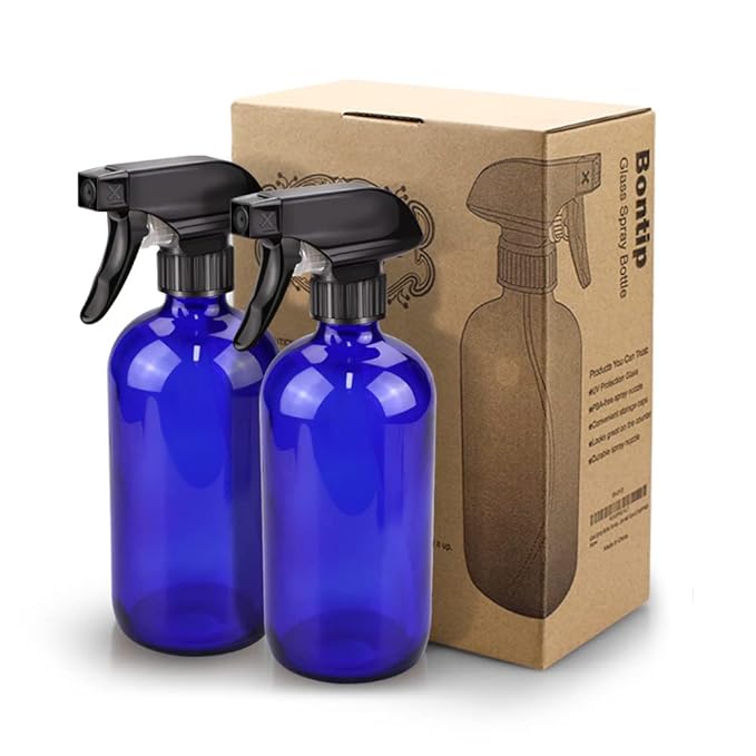 Glass Spray Bottle, Blue Glass Spray Bottle Set & Accessories Refillable for Plants Window Cleaners Aromatherapy Facial Hydration Watering Flowers Hair Care (2 Pack/16 oz) (Blue)